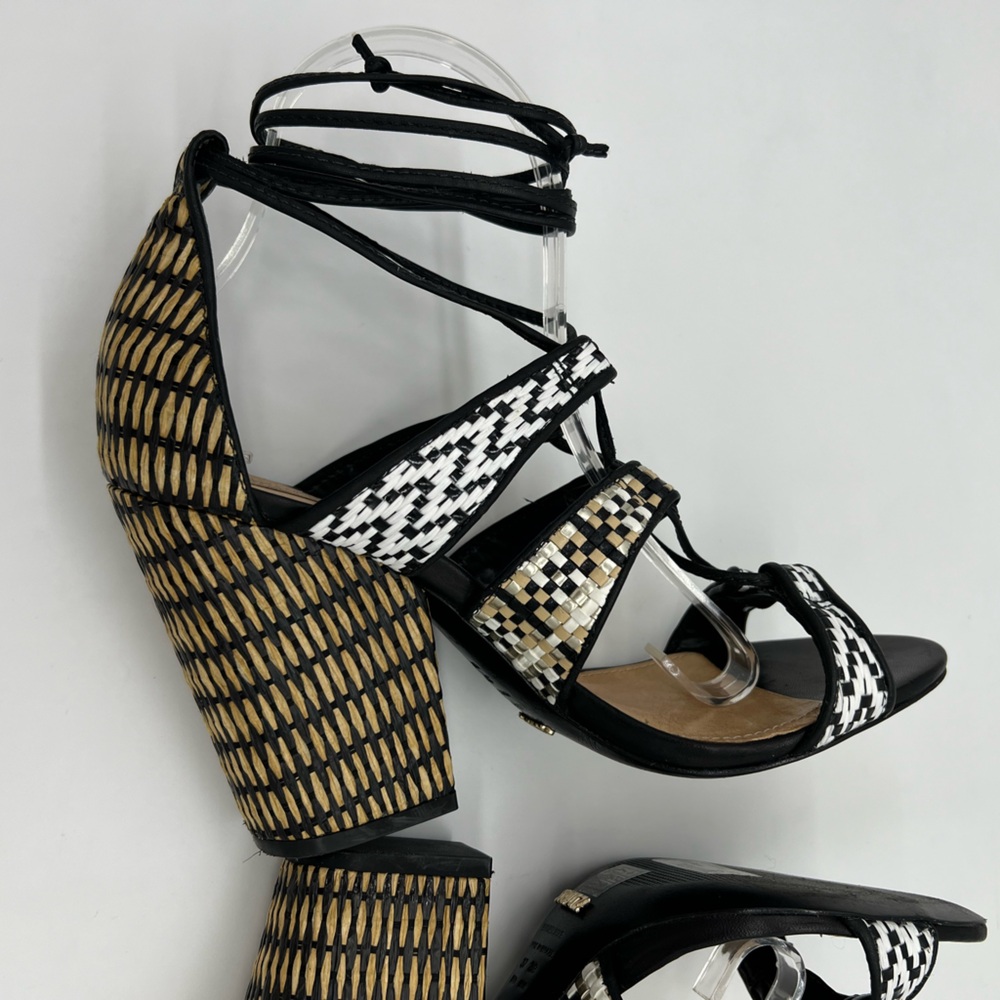 Schutz Woven Raffia Block Heel Lace-Up Strappy Sandals Black/White Sz 7 - Picture 6 of 16